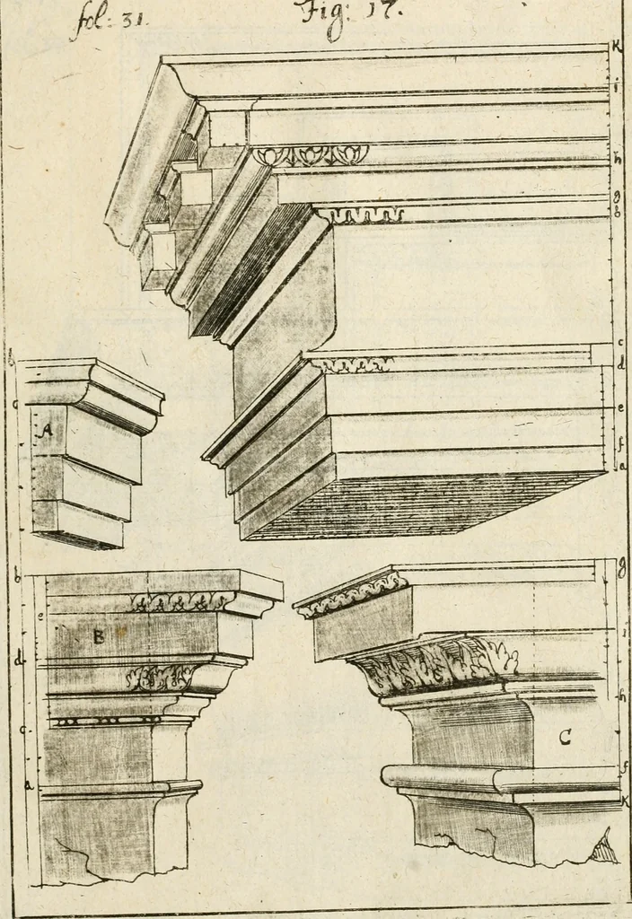 An illustration from Architectura civilis nova & antiqua : das ist von den fünff Säulen zu der Baukunst gehörig, wie dieselbige vom Vitruvio, Archimede, und andern alten Meistern auss rechtem fundament in gewisse Lehrsätz und Regeln abgefasset und begriffen ..., 1663, leaf 58
