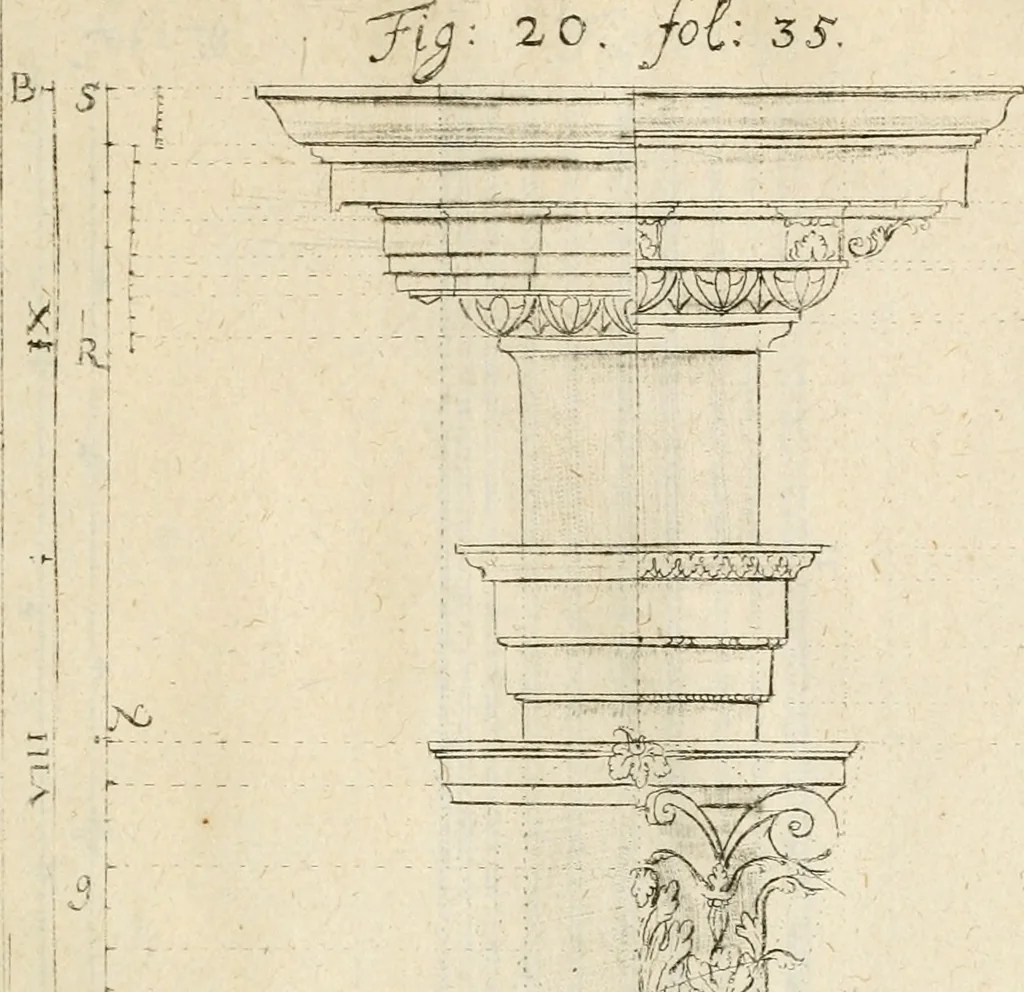 An illustration from Architectura civilis nova & antiqua : das ist von den fünff Säulen zu der Baukunst gehörig, wie dieselbige vom Vitruvio, Archimede, und andern alten Meistern auss rechtem fundament in gewisse Lehrsätz und Regeln abgefasset und begriffen ..., 1663, leaf 64