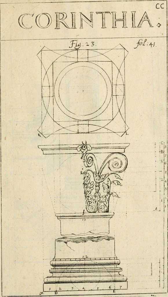 An illustration from Architectura civilis nova & antiqua : das ist von den fünff Säulen zu der Baukunst gehörig, wie dieselbige vom Vitruvio, Archimede, und andern alten Meistern auss rechtem fundament in gewisse Lehrsätz und Regeln abgefasset und begriffen ..., 1663, leaf 72