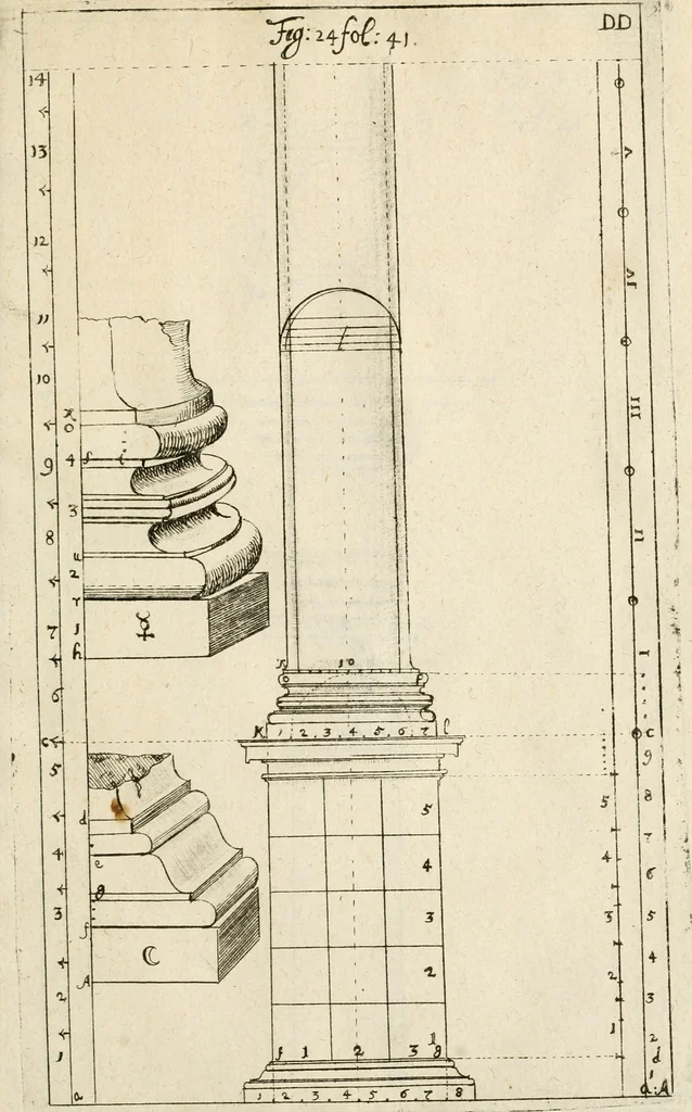 An illustration from Architectura civilis nova & antiqua : das ist von den fünff Säulen zu der Baukunst gehörig, wie dieselbige vom Vitruvio, Archimede, und andern alten Meistern auss rechtem fundament in gewisse Lehrsätz und Regeln abgefasset und begriffen ..., 1663, leaf 74