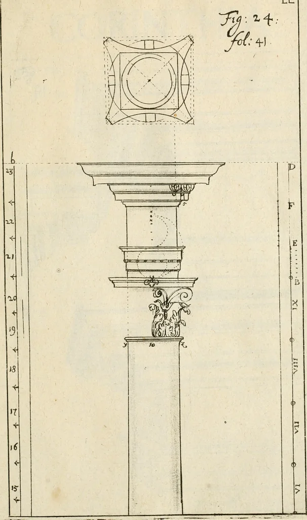 An illustration from Architectura civilis nova & antiqua : das ist von den fünff Säulen zu der Baukunst gehörig, wie dieselbige vom Vitruvio, Archimede, und andern alten Meistern auss rechtem fundament in gewisse Lehrsätz und Regeln abgefasset und begriffen ..., 1663, leaf 76