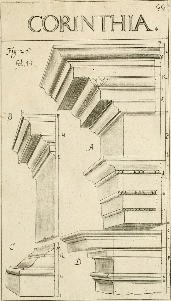 An illustration from Architectura civilis nova & antiqua : das ist von den fünff Säulen zu der Baukunst gehörig, wie dieselbige vom Vitruvio, Archimede, und andern alten Meistern auss rechtem fundament in gewisse Lehrsätz und Regeln abgefasset und begriffen ..., 1663, leaf 80