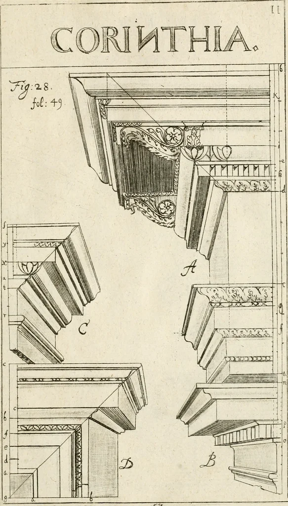 An illustration from Architectura civilis nova & antiqua : das ist von den fünff Säulen zu der Baukunst gehörig, wie dieselbige vom Vitruvio, Archimede, und andern alten Meistern auss rechtem fundament in gewisse Lehrsätz und Regeln abgefasset und begriffen ..., 1663, leaf 84