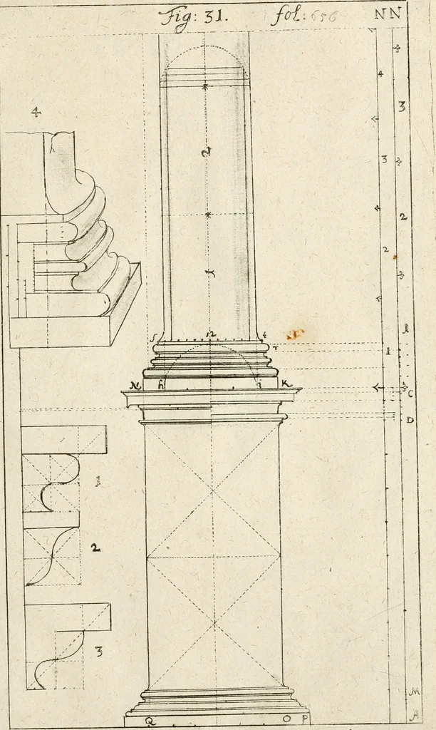 An illustration from Architectura civilis nova & antiqua : das ist von den fünff Säulen zu der Baukunst gehörig, wie dieselbige vom Vitruvio, Archimede, und andern alten Meistern auss rechtem fundament in gewisse Lehrsätz und Regeln abgefasset und begriffen ..., 1663, leaf 92