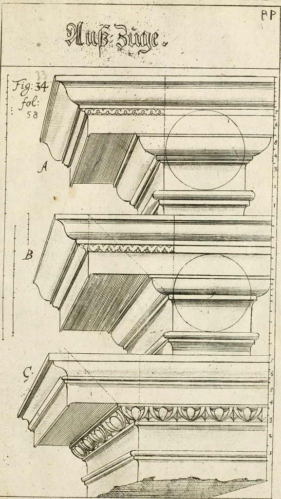 An illustration from Architectura civilis nova & antiqua : das ist von den fünff Säulen zu der Baukunst gehörig, wie dieselbige vom Vitruvio, Archimede, und andern alten Meistern auss rechtem fundament in gewisse Lehrsätz und Regeln abgefasset und begriffen ..., 1663, leaf 96