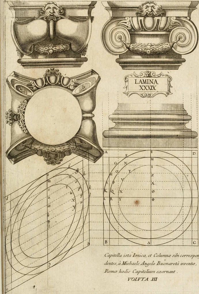 An illustration from Architectura civil recta y obliqua : considerada y dibuxada en el Templo de Ierusalen ... promovida a suma perfeccion en el templo y palacio de S. Lorenço cerca del Escurial ..., 1678, leaf 794