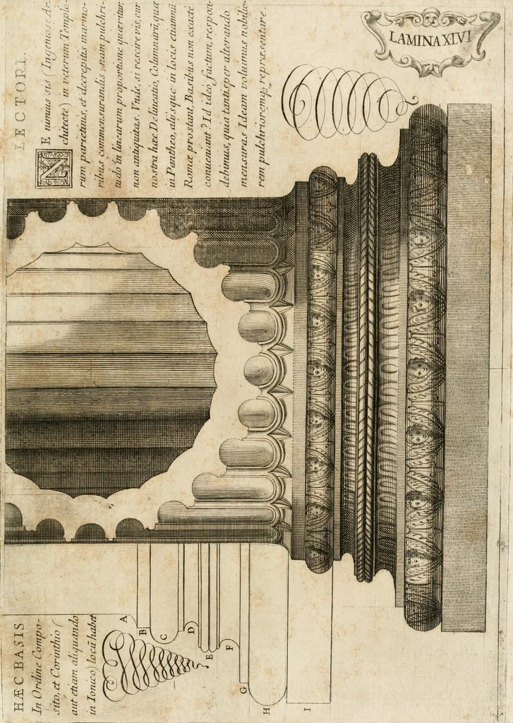 An illustration from Architectura civil recta y obliqua : considerada y dibuxada en el Templo de Ierusalen ... promovida a suma perfeccion en el templo y palacio de S. Lorenço cerca del Escurial ..., 1678, leaf 808
