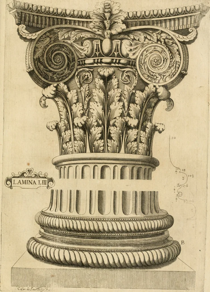 An illustration from Architectura civil recta y obliqua : considerada y dibuxada en el Templo de Ierusalen ... promovida a suma perfeccion en el templo y palacio de S. Lorenço cerca del Escurial ..., 1678, leaf 822