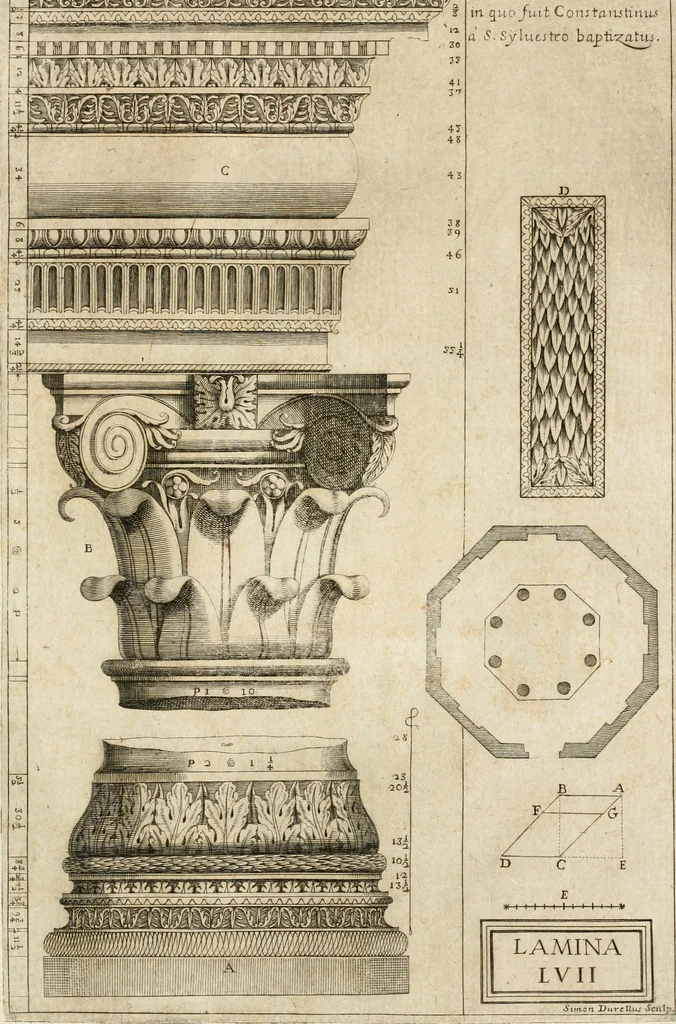 An illustration from Architectura civil recta y obliqua : considerada y dibuxada en el Templo de Ierusalen ... promovida a suma perfeccion en el templo y palacio de S. Lorenço cerca del Escurial ..., 1678, leaf 830