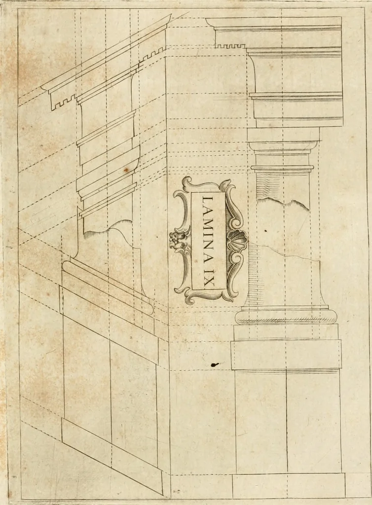 An illustration from Architectura civil recta y obliqua : considerada y dibuxada en el Templo de Ierusalen ... promovida a suma perfeccion en el templo y palacio de S. Lorenço cerca del Escurial ..., 1678, leaf 864