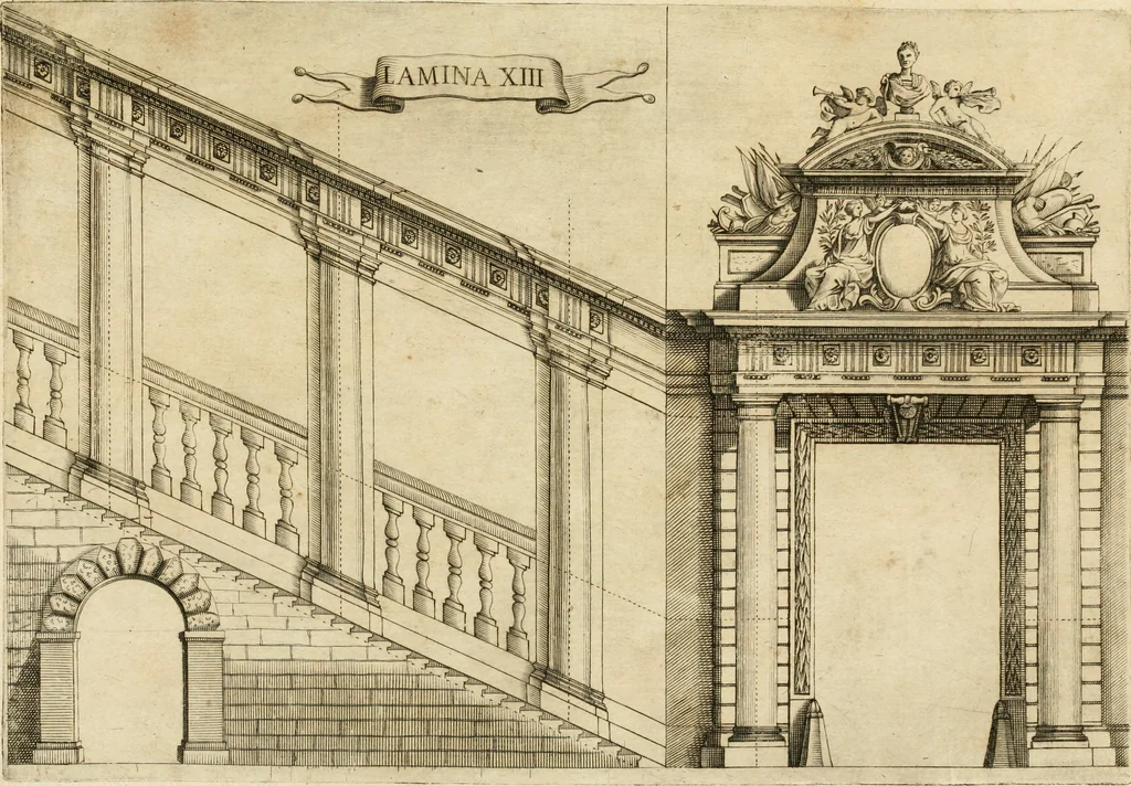 An illustration from Architectura civil recta y obliqua : considerada y dibuxada en el Templo de Ierusalen ... promovida a suma perfeccion en el templo y palacio de S. Lorenço cerca del Escurial ..., 1678, leaf 872