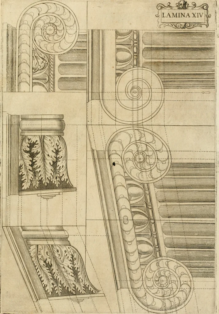 An illustration from Architectura civil recta y obliqua : considerada y dibuxada en el Templo de Ierusalen ... promovida a suma perfeccion en el templo y palacio de S. Lorenço cerca del Escurial ..., 1678, leaf 874