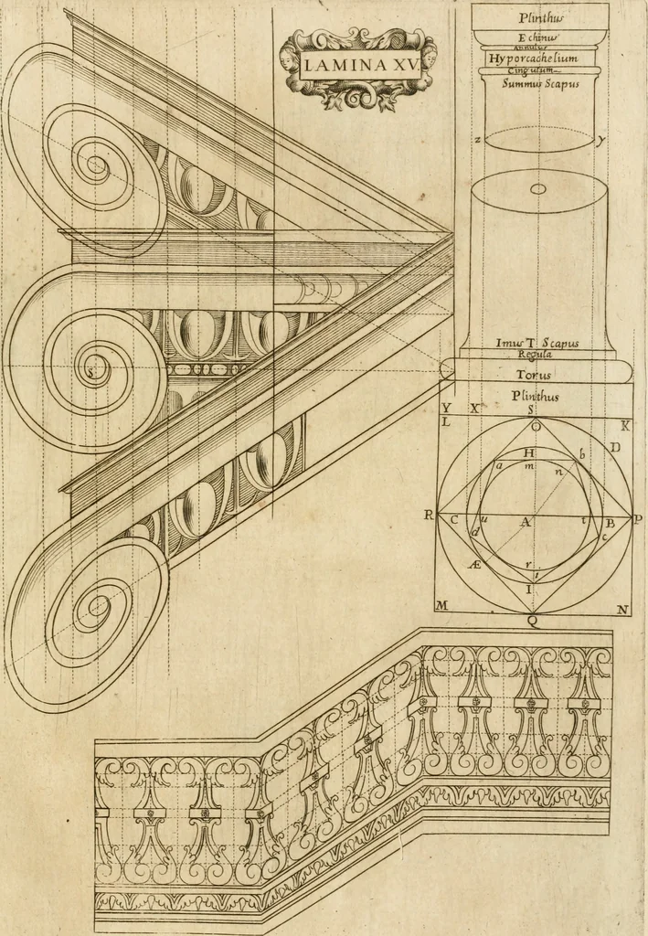 An illustration from Architectura civil recta y obliqua : considerada y dibuxada en el Templo de Ierusalen ... promovida a suma perfeccion en el templo y palacio de S. Lorenço cerca del Escurial ..., 1678, leaf 876