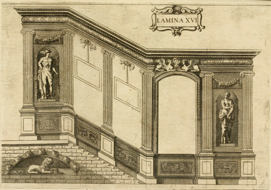 An illustration from Architectura civil recta y obliqua : considerada y dibuxada en el Templo de Ierusalen ... promovida a suma perfeccion en el templo y palacio de S. Lorenço cerca del Escurial ..., 1678, leaf 878