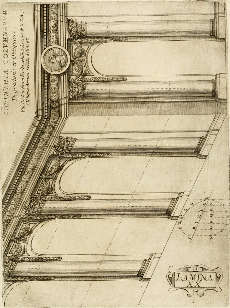An illustration from Architectura civil recta y obliqua : considerada y dibuxada en el Templo de Ierusalen ... promovida a suma perfeccion en el templo y palacio de S. Lorenço cerca del Escurial ..., 1678, leaf 886