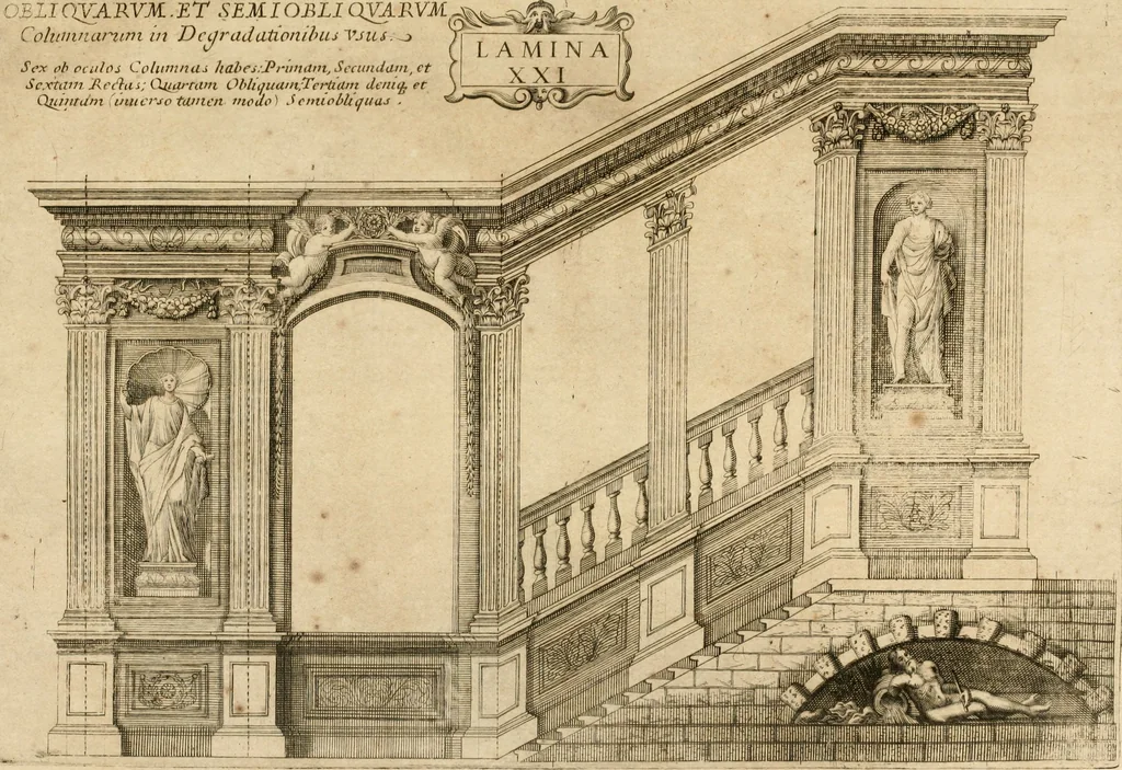 An illustration from Architectura civil recta y obliqua : considerada y dibuxada en el Templo de Ierusalen ... promovida a suma perfeccion en el templo y palacio de S. Lorenço cerca del Escurial ..., 1678, leaf 888