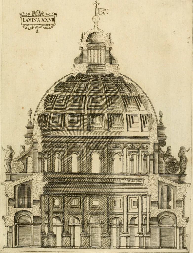 An illustration from Architectura civil recta y obliqua : considerada y dibuxada en el Templo de Ierusalen ... promovida a suma perfeccion en el templo y palacio de S. Lorenço cerca del Escurial ..., 1678, leaf 900