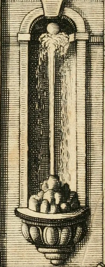 An illustration from Architectura curiosa nova, exponens 1. Fundamenta hydragogica, indolemq[ue] aquæ, aëris interventu in altum levandæ. 2. Varios aquarum ac salientium fontium lusus per varia spectatu jucunda epistomiorum seu siphonum genera. 3. Magnum amnissimorum fontium, machinarumq[ue] aquæductoriarum sumtu magno exstructarum, ac per Italiam, Britanniam, Germaniam &c. visendarum, numerum. 4. Specus artificiales sumtuosissimas, cum plerisq[ue] principum europæorum palatiis, hortis, aulis; nec non præcipuis monasteriis atq[ue] arcibus. 5. Cum auctario figurarum elegantissimarum, ad hortorum topiaria vario ductù dividenda, nec non conclavium laquearibus ac pavimentis segmentandis, itemq[ue] labyrinthis construendis, adhibendarum. Omnia 200 æri incisis... descripta, 1664, leaf 10
