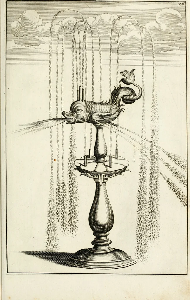 An illustration from Architectura curiosa nova, exponens 1. Fundamenta hydragogica, indolemq[ue] aquæ, aëris interventu in altum levandæ. 2. Varios aquarum ac salientium fontium lusus per varia spectatu jucunda epistomiorum seu siphonum genera. 3. Magnum amnissimorum fontium, machinarumq[ue] aquæductoriarum sumtu magno exstructarum, ac per Italiam, Britanniam, Germaniam &c. visendarum, numerum. 4. Specus artificiales sumtuosissimas, cum plerisq[ue] principum europæorum palatiis, hortis, aulis; nec non præcipuis monasteriis atq[ue] arcibus. 5. Cum auctario figurarum elegantissimarum, ad hortorum topiaria vario ductù dividenda, nec non conclavium laquearibus ac pavimentis segmentandis, itemq[ue] labyrinthis construendis, adhibendarum. Omnia 200 æri incisis... descripta, 1664, leaf 100