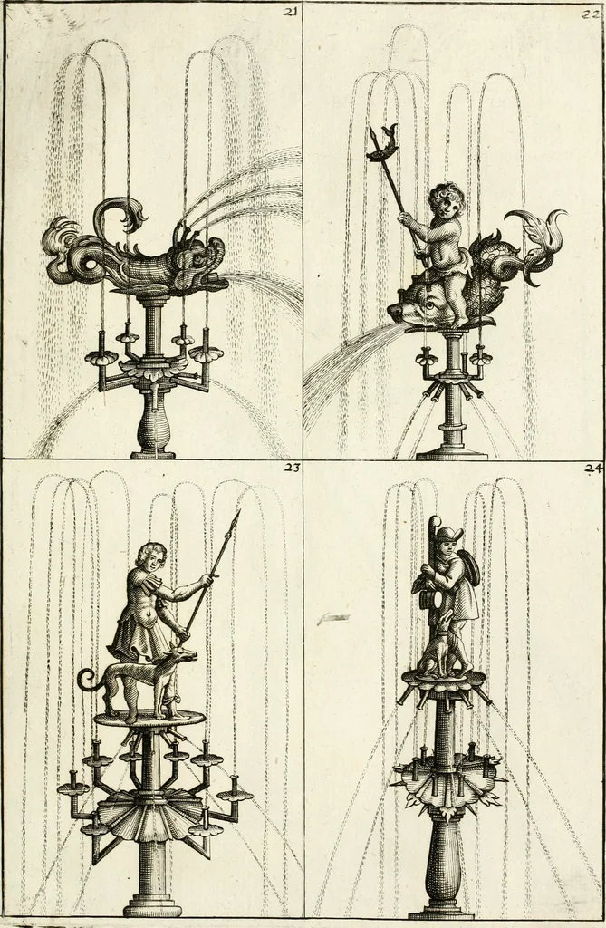 An illustration from Architectura curiosa nova, exponens 1. Fundamenta hydragogica, indolemq[ue] aquæ, aëris interventu in altum levandæ. 2. Varios aquarum ac salientium fontium lusus per varia spectatu jucunda epistomiorum seu siphonum genera. 3. Magnum amnissimorum fontium, machinarumq[ue] aquæductoriarum sumtu magno exstructarum, ac per Italiam, Britanniam, Germaniam &c. visendarum, numerum. 4. Specus artificiales sumtuosissimas, cum plerisq[ue] principum europæorum palatiis, hortis, aulis; nec non præcipuis monasteriis atq[ue] arcibus. 5. Cum auctario figurarum elegantissimarum, ad hortorum topiaria vario ductù dividenda, nec non conclavium laquearibus ac pavimentis segmentandis, itemq[ue] labyrinthis construendis, adhibendarum. Omnia 200 æri incisis... descripta, 1664, leaf 102