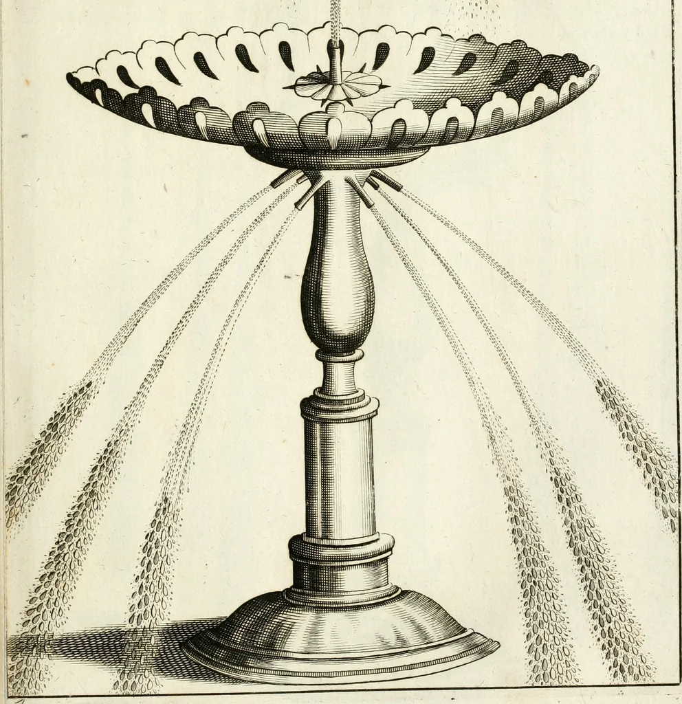 An illustration from Architectura curiosa nova, exponens 1. Fundamenta hydragogica, indolemq[ue] aquæ, aëris interventu in altum levandæ. 2. Varios aquarum ac salientium fontium lusus per varia spectatu jucunda epistomiorum seu siphonum genera. 3. Magnum amnissimorum fontium, machinarumq[ue] aquæductoriarum sumtu magno exstructarum, ac per Italiam, Britanniam, Germaniam &c. visendarum, numerum. 4. Specus artificiales sumtuosissimas, cum plerisq[ue] principum europæorum palatiis, hortis, aulis; nec non præcipuis monasteriis atq[ue] arcibus. 5. Cum auctario figurarum elegantissimarum, ad hortorum topiaria vario ductù dividenda, nec non conclavium laquearibus ac pavimentis segmentandis, itemq[ue] labyrinthis construendis, adhibendarum. Omnia 200 æri incisis... descripta, 1664, leaf 104