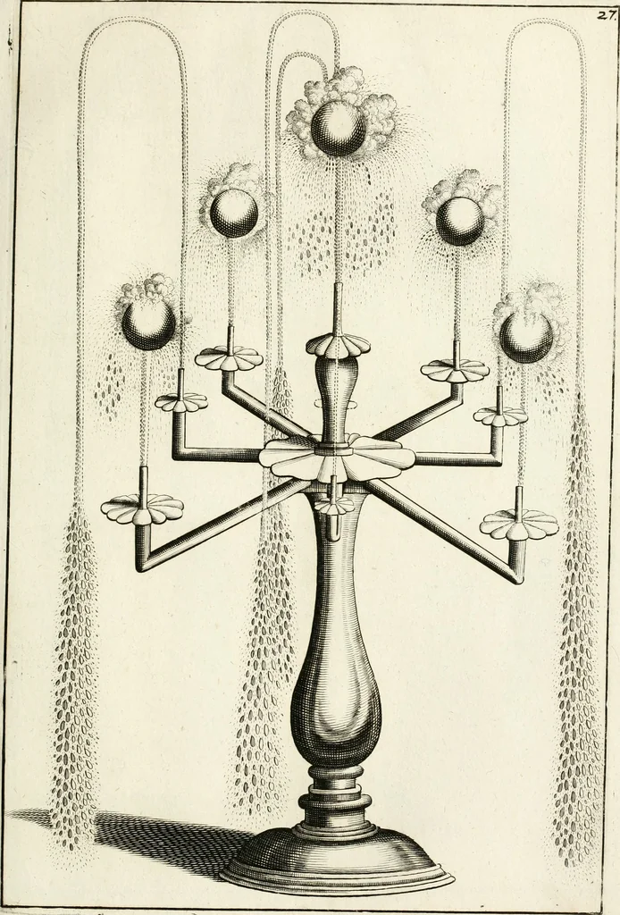 An illustration from Architectura curiosa nova, exponens 1. Fundamenta hydragogica, indolemq[ue] aquæ, aëris interventu in altum levandæ. 2. Varios aquarum ac salientium fontium lusus per varia spectatu jucunda epistomiorum seu siphonum genera. 3. Magnum amnissimorum fontium, machinarumq[ue] aquæductoriarum sumtu magno exstructarum, ac per Italiam, Britanniam, Germaniam &c. visendarum, numerum. 4. Specus artificiales sumtuosissimas, cum plerisq[ue] principum europæorum palatiis, hortis, aulis; nec non præcipuis monasteriis atq[ue] arcibus. 5. Cum auctario figurarum elegantissimarum, ad hortorum topiaria vario ductù dividenda, nec non conclavium laquearibus ac pavimentis segmentandis, itemq[ue] labyrinthis construendis, adhibendarum. Omnia 200 æri incisis... descripta, 1664, leaf 108