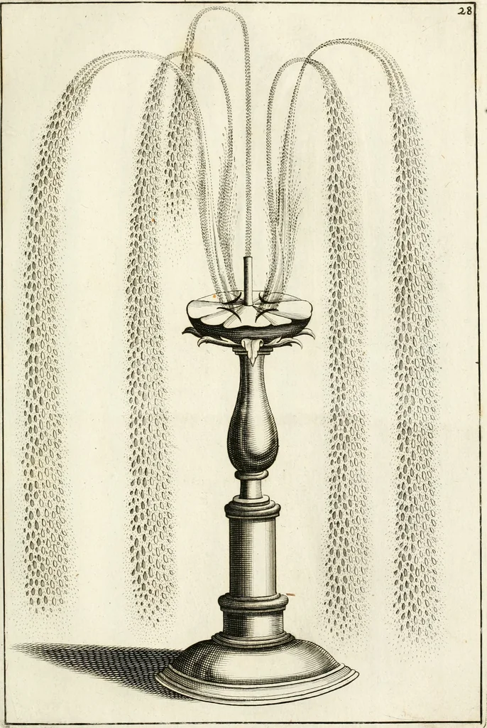 An illustration from Architectura curiosa nova, exponens 1. Fundamenta hydragogica, indolemq[ue] aquæ, aëris interventu in altum levandæ. 2. Varios aquarum ac salientium fontium lusus per varia spectatu jucunda epistomiorum seu siphonum genera. 3. Magnum amnissimorum fontium, machinarumq[ue] aquæductoriarum sumtu magno exstructarum, ac per Italiam, Britanniam, Germaniam &c. visendarum, numerum. 4. Specus artificiales sumtuosissimas, cum plerisq[ue] principum europæorum palatiis, hortis, aulis; nec non præcipuis monasteriis atq[ue] arcibus. 5. Cum auctario figurarum elegantissimarum, ad hortorum topiaria vario ductù dividenda, nec non conclavium laquearibus ac pavimentis segmentandis, itemq[ue] labyrinthis construendis, adhibendarum. Omnia 200 æri incisis... descripta, 1664, leaf 110