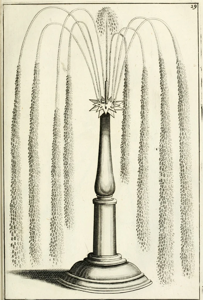 An illustration from Architectura curiosa nova, exponens 1. Fundamenta hydragogica, indolemq[ue] aquæ, aëris interventu in altum levandæ. 2. Varios aquarum ac salientium fontium lusus per varia spectatu jucunda epistomiorum seu siphonum genera. 3. Magnum amnissimorum fontium, machinarumq[ue] aquæductoriarum sumtu magno exstructarum, ac per Italiam, Britanniam, Germaniam &c. visendarum, numerum. 4. Specus artificiales sumtuosissimas, cum plerisq[ue] principum europæorum palatiis, hortis, aulis; nec non præcipuis monasteriis atq[ue] arcibus. 5. Cum auctario figurarum elegantissimarum, ad hortorum topiaria vario ductù dividenda, nec non conclavium laquearibus ac pavimentis segmentandis, itemq[ue] labyrinthis construendis, adhibendarum. Omnia 200 æri incisis... descripta, 1664, leaf 112