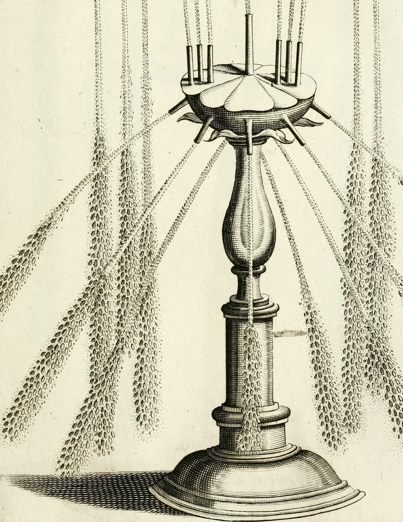 An illustration from Architectura curiosa nova, exponens 1. Fundamenta hydragogica, indolemq[ue] aquæ, aëris interventu in altum levandæ. 2. Varios aquarum ac salientium fontium lusus per varia spectatu jucunda epistomiorum seu siphonum genera. 3. Magnum amnissimorum fontium, machinarumq[ue] aquæductoriarum sumtu magno exstructarum, ac per Italiam, Britanniam, Germaniam &c. visendarum, numerum. 4. Specus artificiales sumtuosissimas, cum plerisq[ue] principum europæorum palatiis, hortis, aulis; nec non præcipuis monasteriis atq[ue] arcibus. 5. Cum auctario figurarum elegantissimarum, ad hortorum topiaria vario ductù dividenda, nec non conclavium laquearibus ac pavimentis segmentandis, itemq[ue] labyrinthis construendis, adhibendarum. Omnia 200 æri incisis... descripta, 1664, leaf 114