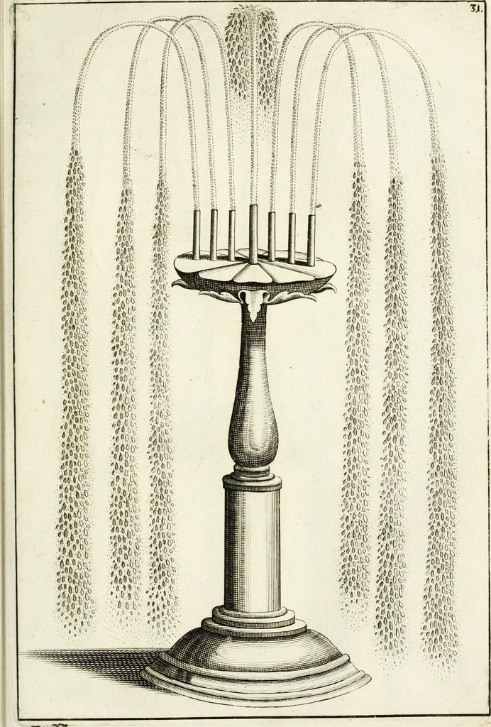 An illustration from Architectura curiosa nova, exponens 1. Fundamenta hydragogica, indolemq[ue] aquæ, aëris interventu in altum levandæ. 2. Varios aquarum ac salientium fontium lusus per varia spectatu jucunda epistomiorum seu siphonum genera. 3. Magnum amnissimorum fontium, machinarumq[ue] aquæductoriarum sumtu magno exstructarum, ac per Italiam, Britanniam, Germaniam &c. visendarum, numerum. 4. Specus artificiales sumtuosissimas, cum plerisq[ue] principum europæorum palatiis, hortis, aulis; nec non præcipuis monasteriis atq[ue] arcibus. 5. Cum auctario figurarum elegantissimarum, ad hortorum topiaria vario ductù dividenda, nec non conclavium laquearibus ac pavimentis segmentandis, itemq[ue] labyrinthis construendis, adhibendarum. Omnia 200 æri incisis... descripta, 1664, leaf 116