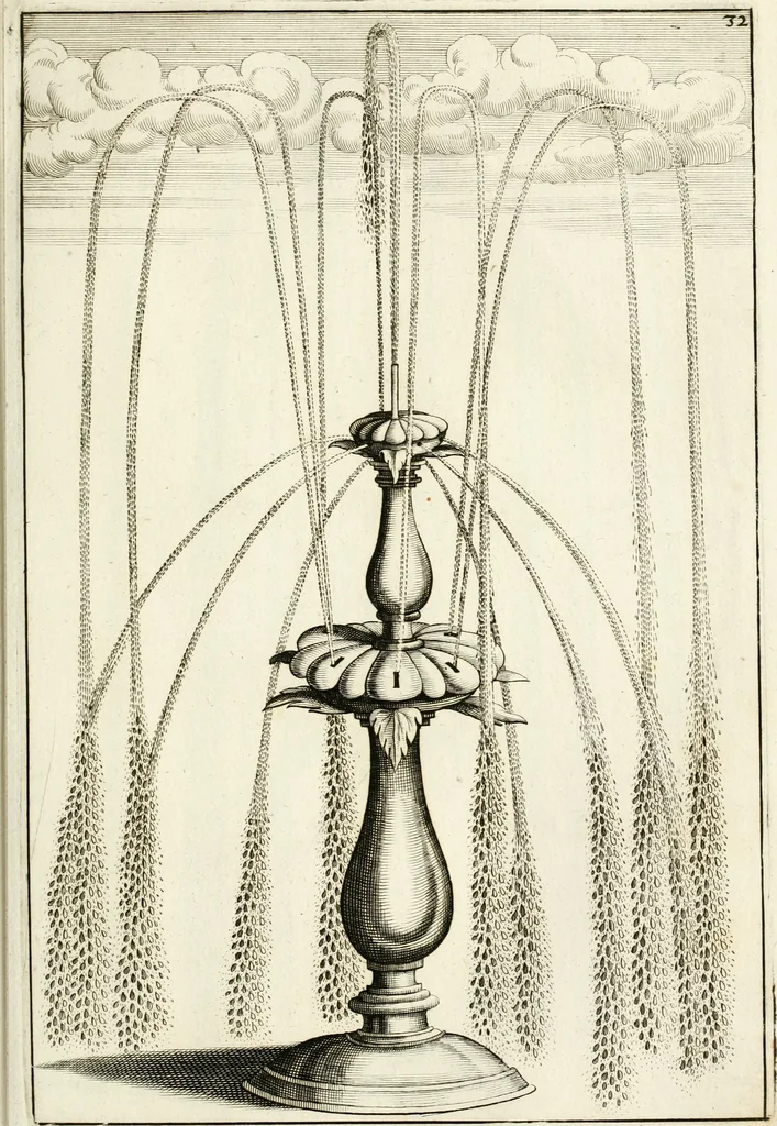 An illustration from Architectura curiosa nova, exponens 1. Fundamenta hydragogica, indolemq[ue] aquæ, aëris interventu in altum levandæ. 2. Varios aquarum ac salientium fontium lusus per varia spectatu jucunda epistomiorum seu siphonum genera. 3. Magnum amnissimorum fontium, machinarumq[ue] aquæductoriarum sumtu magno exstructarum, ac per Italiam, Britanniam, Germaniam &c. visendarum, numerum. 4. Specus artificiales sumtuosissimas, cum plerisq[ue] principum europæorum palatiis, hortis, aulis; nec non præcipuis monasteriis atq[ue] arcibus. 5. Cum auctario figurarum elegantissimarum, ad hortorum topiaria vario ductù dividenda, nec non conclavium laquearibus ac pavimentis segmentandis, itemq[ue] labyrinthis construendis, adhibendarum. Omnia 200 æri incisis... descripta, 1664, leaf 118