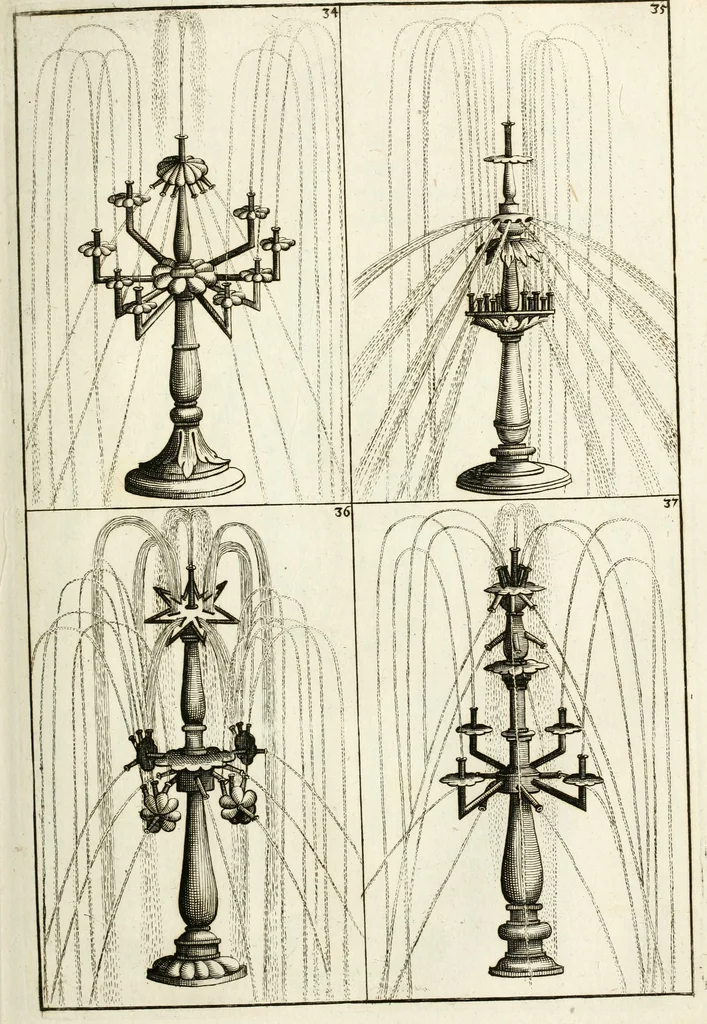 An illustration from Architectura curiosa nova, exponens 1. Fundamenta hydragogica, indolemq[ue] aquæ, aëris interventu in altum levandæ. 2. Varios aquarum ac salientium fontium lusus per varia spectatu jucunda epistomiorum seu siphonum genera. 3. Magnum amnissimorum fontium, machinarumq[ue] aquæductoriarum sumtu magno exstructarum, ac per Italiam, Britanniam, Germaniam &c. visendarum, numerum. 4. Specus artificiales sumtuosissimas, cum plerisq[ue] principum europæorum palatiis, hortis, aulis; nec non præcipuis monasteriis atq[ue] arcibus. 5. Cum auctario figurarum elegantissimarum, ad hortorum topiaria vario ductù dividenda, nec non conclavium laquearibus ac pavimentis segmentandis, itemq[ue] labyrinthis construendis, adhibendarum. Omnia 200 æri incisis... descripta, 1664, leaf 122