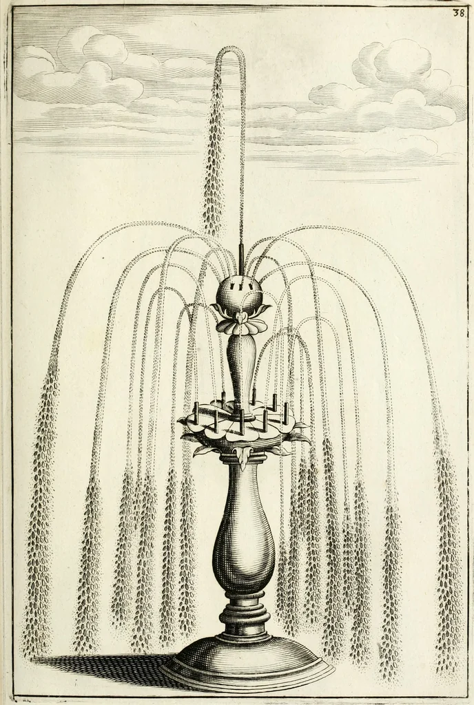 An illustration from Architectura curiosa nova, exponens 1. Fundamenta hydragogica, indolemq[ue] aquæ, aëris interventu in altum levandæ. 2. Varios aquarum ac salientium fontium lusus per varia spectatu jucunda epistomiorum seu siphonum genera. 3. Magnum amnissimorum fontium, machinarumq[ue] aquæductoriarum sumtu magno exstructarum, ac per Italiam, Britanniam, Germaniam &c. visendarum, numerum. 4. Specus artificiales sumtuosissimas, cum plerisq[ue] principum europæorum palatiis, hortis, aulis; nec non præcipuis monasteriis atq[ue] arcibus. 5. Cum auctario figurarum elegantissimarum, ad hortorum topiaria vario ductù dividenda, nec non conclavium laquearibus ac pavimentis segmentandis, itemq[ue] labyrinthis construendis, adhibendarum. Omnia 200 æri incisis... descripta, 1664, leaf 124
