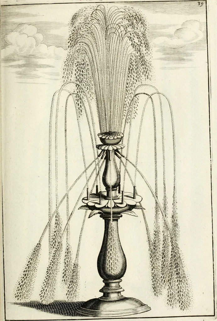 An illustration from Architectura curiosa nova, exponens 1. Fundamenta hydragogica, indolemq[ue] aquæ, aëris interventu in altum levandæ. 2. Varios aquarum ac salientium fontium lusus per varia spectatu jucunda epistomiorum seu siphonum genera. 3. Magnum amnissimorum fontium, machinarumq[ue] aquæductoriarum sumtu magno exstructarum, ac per Italiam, Britanniam, Germaniam &c. visendarum, numerum. 4. Specus artificiales sumtuosissimas, cum plerisq[ue] principum europæorum palatiis, hortis, aulis; nec non præcipuis monasteriis atq[ue] arcibus. 5. Cum auctario figurarum elegantissimarum, ad hortorum topiaria vario ductù dividenda, nec non conclavium laquearibus ac pavimentis segmentandis, itemq[ue] labyrinthis construendis, adhibendarum. Omnia 200 æri incisis... descripta, 1664, leaf 126