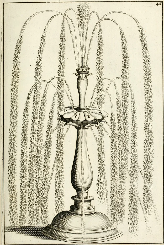 An illustration from Architectura curiosa nova, exponens 1. Fundamenta hydragogica, indolemq[ue] aquæ, aëris interventu in altum levandæ. 2. Varios aquarum ac salientium fontium lusus per varia spectatu jucunda epistomiorum seu siphonum genera. 3. Magnum amnissimorum fontium, machinarumq[ue] aquæductoriarum sumtu magno exstructarum, ac per Italiam, Britanniam, Germaniam &c. visendarum, numerum. 4. Specus artificiales sumtuosissimas, cum plerisq[ue] principum europæorum palatiis, hortis, aulis; nec non præcipuis monasteriis atq[ue] arcibus. 5. Cum auctario figurarum elegantissimarum, ad hortorum topiaria vario ductù dividenda, nec non conclavium laquearibus ac pavimentis segmentandis, itemq[ue] labyrinthis construendis, adhibendarum. Omnia 200 æri incisis... descripta, 1664, leaf 128
