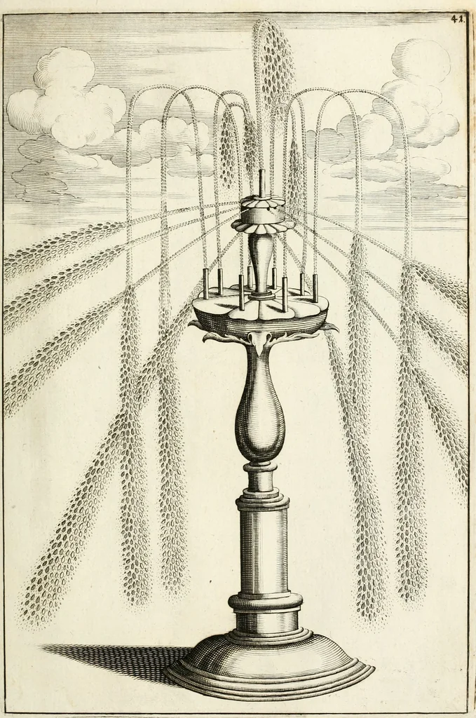 An illustration from Architectura curiosa nova, exponens 1. Fundamenta hydragogica, indolemq[ue] aquæ, aëris interventu in altum levandæ. 2. Varios aquarum ac salientium fontium lusus per varia spectatu jucunda epistomiorum seu siphonum genera. 3. Magnum amnissimorum fontium, machinarumq[ue] aquæductoriarum sumtu magno exstructarum, ac per Italiam, Britanniam, Germaniam &c. visendarum, numerum. 4. Specus artificiales sumtuosissimas, cum plerisq[ue] principum europæorum palatiis, hortis, aulis; nec non præcipuis monasteriis atq[ue] arcibus. 5. Cum auctario figurarum elegantissimarum, ad hortorum topiaria vario ductù dividenda, nec non conclavium laquearibus ac pavimentis segmentandis, itemq[ue] labyrinthis construendis, adhibendarum. Omnia 200 æri incisis... descripta, 1664, leaf 130