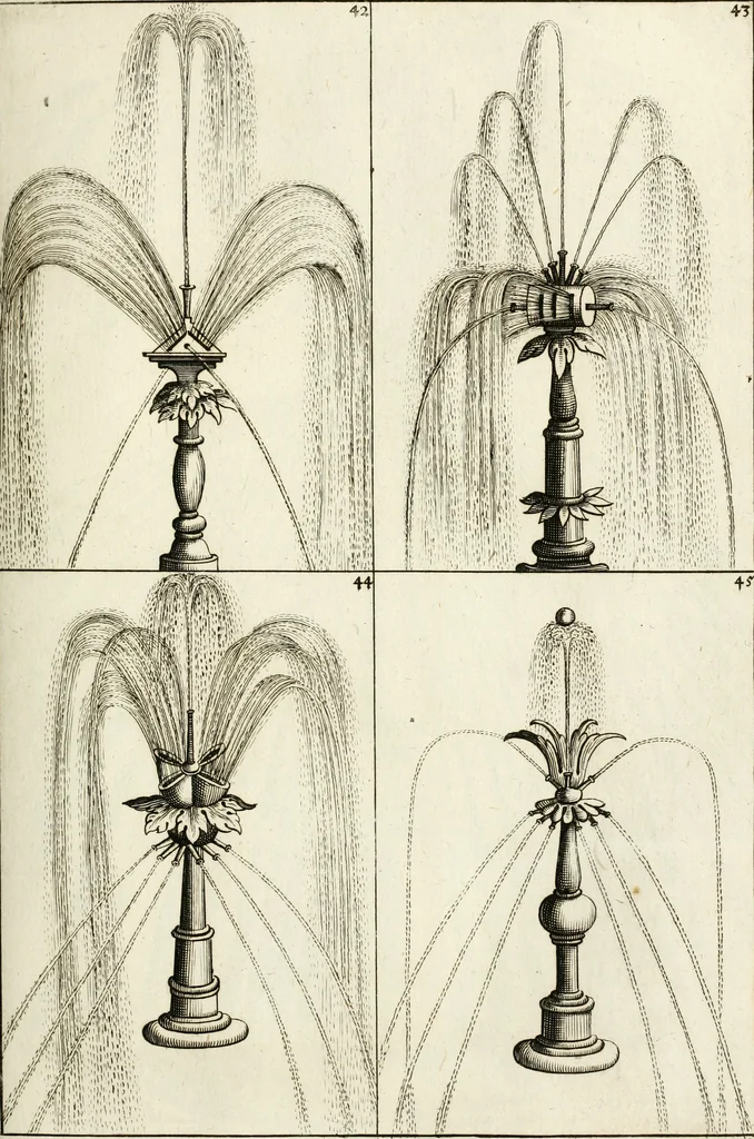 An illustration from Architectura curiosa nova, exponens 1. Fundamenta hydragogica, indolemq[ue] aquæ, aëris interventu in altum levandæ. 2. Varios aquarum ac salientium fontium lusus per varia spectatu jucunda epistomiorum seu siphonum genera. 3. Magnum amnissimorum fontium, machinarumq[ue] aquæductoriarum sumtu magno exstructarum, ac per Italiam, Britanniam, Germaniam &c. visendarum, numerum. 4. Specus artificiales sumtuosissimas, cum plerisq[ue] principum europæorum palatiis, hortis, aulis; nec non præcipuis monasteriis atq[ue] arcibus. 5. Cum auctario figurarum elegantissimarum, ad hortorum topiaria vario ductù dividenda, nec non conclavium laquearibus ac pavimentis segmentandis, itemq[ue] labyrinthis construendis, adhibendarum. Omnia 200 æri incisis... descripta, 1664, leaf 132