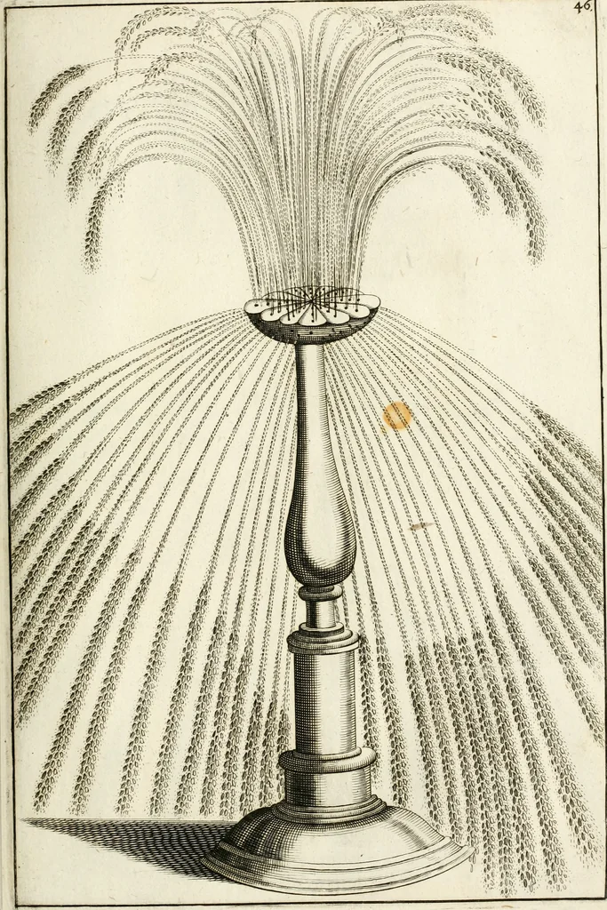An illustration from Architectura curiosa nova, exponens 1. Fundamenta hydragogica, indolemq[ue] aquæ, aëris interventu in altum levandæ. 2. Varios aquarum ac salientium fontium lusus per varia spectatu jucunda epistomiorum seu siphonum genera. 3. Magnum amnissimorum fontium, machinarumq[ue] aquæductoriarum sumtu magno exstructarum, ac per Italiam, Britanniam, Germaniam &c. visendarum, numerum. 4. Specus artificiales sumtuosissimas, cum plerisq[ue] principum europæorum palatiis, hortis, aulis; nec non præcipuis monasteriis atq[ue] arcibus. 5. Cum auctario figurarum elegantissimarum, ad hortorum topiaria vario ductù dividenda, nec non conclavium laquearibus ac pavimentis segmentandis, itemq[ue] labyrinthis construendis, adhibendarum. Omnia 200 æri incisis... descripta, 1664, leaf 134