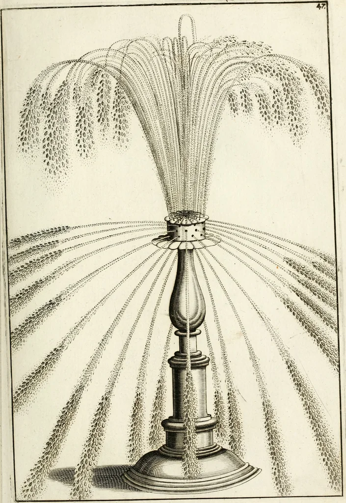 An illustration from Architectura curiosa nova, exponens 1. Fundamenta hydragogica, indolemq[ue] aquæ, aëris interventu in altum levandæ. 2. Varios aquarum ac salientium fontium lusus per varia spectatu jucunda epistomiorum seu siphonum genera. 3. Magnum amnissimorum fontium, machinarumq[ue] aquæductoriarum sumtu magno exstructarum, ac per Italiam, Britanniam, Germaniam &c. visendarum, numerum. 4. Specus artificiales sumtuosissimas, cum plerisq[ue] principum europæorum palatiis, hortis, aulis; nec non præcipuis monasteriis atq[ue] arcibus. 5. Cum auctario figurarum elegantissimarum, ad hortorum topiaria vario ductù dividenda, nec non conclavium laquearibus ac pavimentis segmentandis, itemq[ue] labyrinthis construendis, adhibendarum. Omnia 200 æri incisis... descripta, 1664, leaf 136