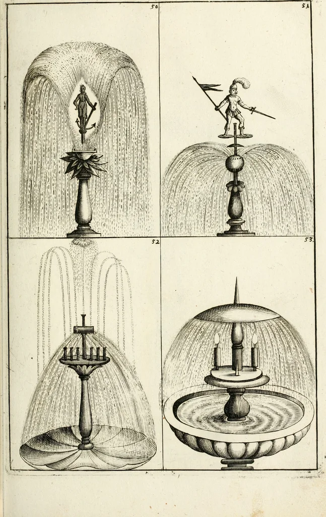 An illustration from Architectura curiosa nova, exponens 1. Fundamenta hydragogica, indolemq[ue] aquæ, aëris interventu in altum levandæ. 2. Varios aquarum ac salientium fontium lusus per varia spectatu jucunda epistomiorum seu siphonum genera. 3. Magnum amnissimorum fontium, machinarumq[ue] aquæductoriarum sumtu magno exstructarum, ac per Italiam, Britanniam, Germaniam &c. visendarum, numerum. 4. Specus artificiales sumtuosissimas, cum plerisq[ue] principum europæorum palatiis, hortis, aulis; nec non præcipuis monasteriis atq[ue] arcibus. 5. Cum auctario figurarum elegantissimarum, ad hortorum topiaria vario ductù dividenda, nec non conclavium laquearibus ac pavimentis segmentandis, itemq[ue] labyrinthis construendis, adhibendarum. Omnia 200 æri incisis... descripta, 1664, leaf 142