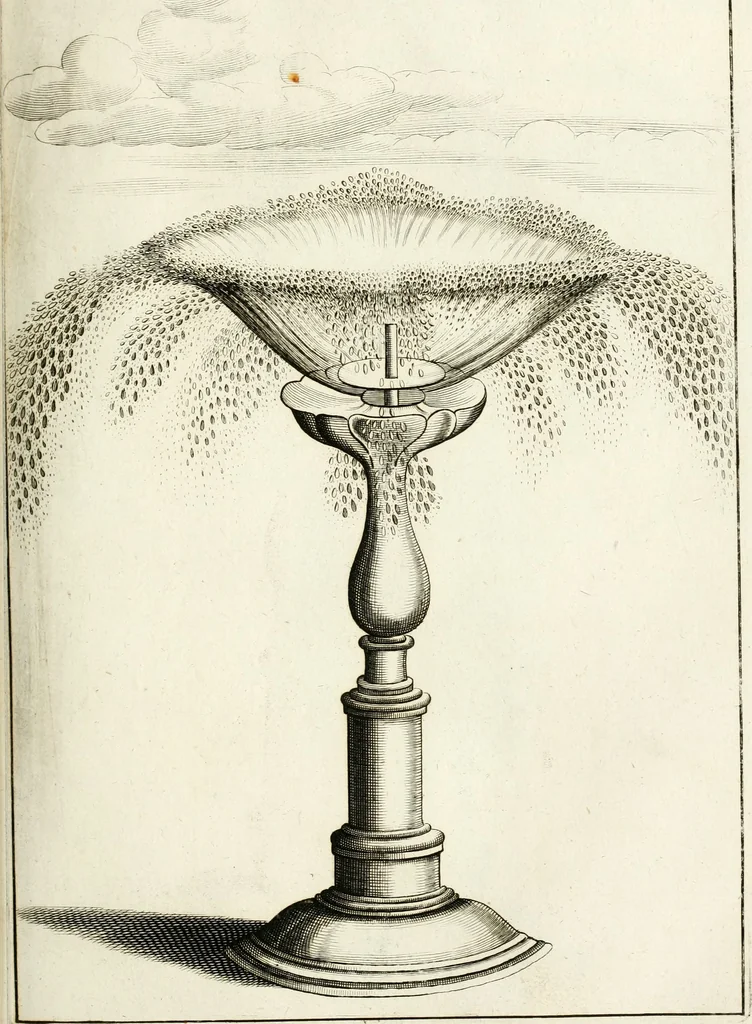 An illustration from Architectura curiosa nova, exponens 1. Fundamenta hydragogica, indolemq[ue] aquæ, aëris interventu in altum levandæ. 2. Varios aquarum ac salientium fontium lusus per varia spectatu jucunda epistomiorum seu siphonum genera. 3. Magnum amnissimorum fontium, machinarumq[ue] aquæductoriarum sumtu magno exstructarum, ac per Italiam, Britanniam, Germaniam &c. visendarum, numerum. 4. Specus artificiales sumtuosissimas, cum plerisq[ue] principum europæorum palatiis, hortis, aulis; nec non præcipuis monasteriis atq[ue] arcibus. 5. Cum auctario figurarum elegantissimarum, ad hortorum topiaria vario ductù dividenda, nec non conclavium laquearibus ac pavimentis segmentandis, itemq[ue] labyrinthis construendis, adhibendarum. Omnia 200 æri incisis... descripta, 1664, leaf 144