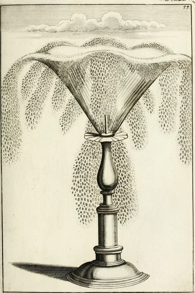 An illustration from Architectura curiosa nova, exponens 1. Fundamenta hydragogica, indolemq[ue] aquæ, aëris interventu in altum levandæ. 2. Varios aquarum ac salientium fontium lusus per varia spectatu jucunda epistomiorum seu siphonum genera. 3. Magnum amnissimorum fontium, machinarumq[ue] aquæductoriarum sumtu magno exstructarum, ac per Italiam, Britanniam, Germaniam &c. visendarum, numerum. 4. Specus artificiales sumtuosissimas, cum plerisq[ue] principum europæorum palatiis, hortis, aulis; nec non præcipuis monasteriis atq[ue] arcibus. 5. Cum auctario figurarum elegantissimarum, ad hortorum topiaria vario ductù dividenda, nec non conclavium laquearibus ac pavimentis segmentandis, itemq[ue] labyrinthis construendis, adhibendarum. Omnia 200 æri incisis... descripta, 1664, leaf 146
