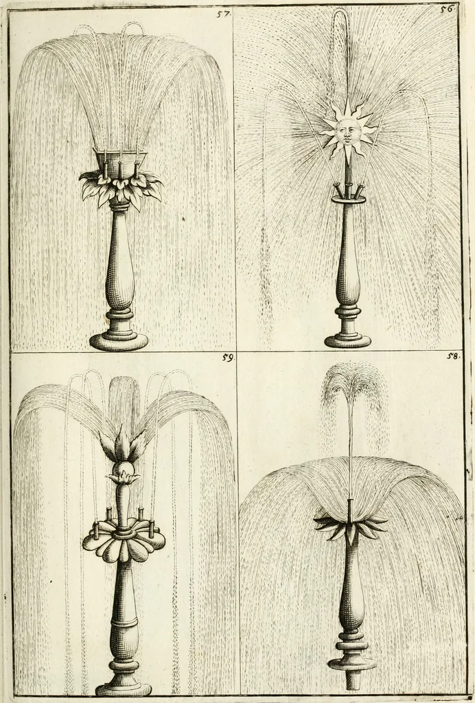An illustration from Architectura curiosa nova, exponens 1. Fundamenta hydragogica, indolemq[ue] aquæ, aëris interventu in altum levandæ. 2. Varios aquarum ac salientium fontium lusus per varia spectatu jucunda epistomiorum seu siphonum genera. 3. Magnum amnissimorum fontium, machinarumq[ue] aquæductoriarum sumtu magno exstructarum, ac per Italiam, Britanniam, Germaniam &c. visendarum, numerum. 4. Specus artificiales sumtuosissimas, cum plerisq[ue] principum europæorum palatiis, hortis, aulis; nec non præcipuis monasteriis atq[ue] arcibus. 5. Cum auctario figurarum elegantissimarum, ad hortorum topiaria vario ductù dividenda, nec non conclavium laquearibus ac pavimentis segmentandis, itemq[ue] labyrinthis construendis, adhibendarum. Omnia 200 æri incisis... descripta, 1664, leaf 148