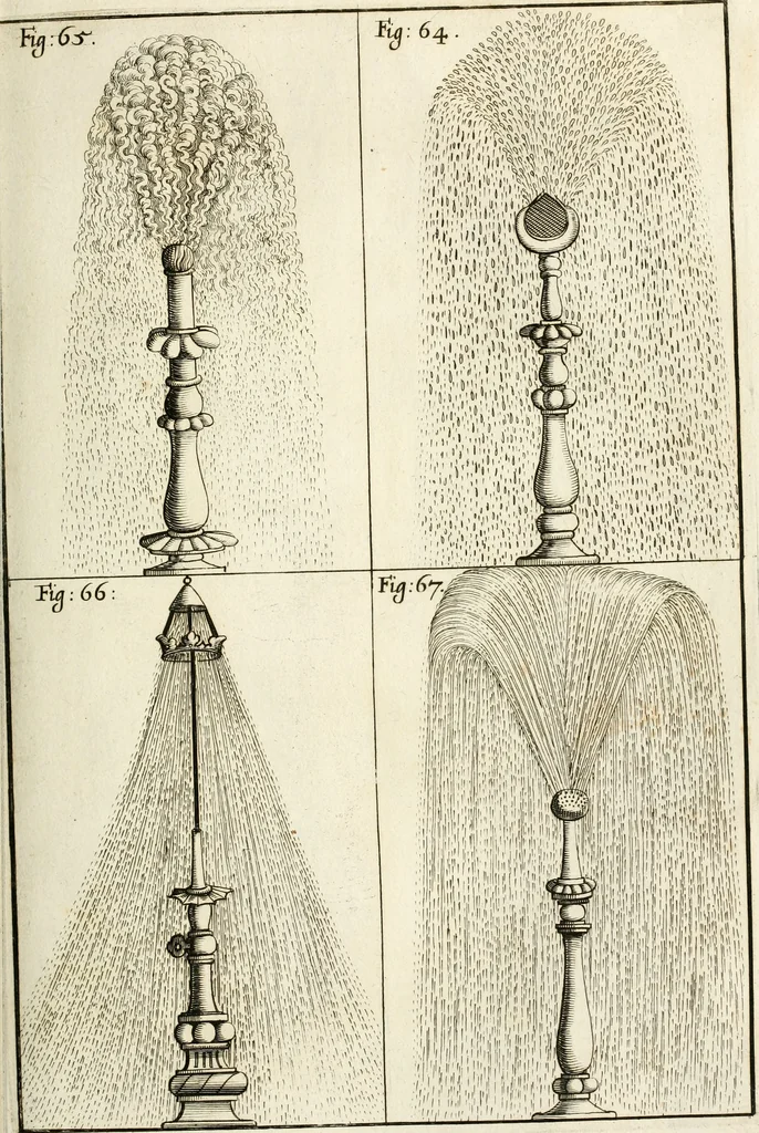 An illustration from Architectura curiosa nova, exponens 1. Fundamenta hydragogica, indolemq[ue] aquæ, aëris interventu in altum levandæ. 2. Varios aquarum ac salientium fontium lusus per varia spectatu jucunda epistomiorum seu siphonum genera. 3. Magnum amnissimorum fontium, machinarumq[ue] aquæductoriarum sumtu magno exstructarum, ac per Italiam, Britanniam, Germaniam &c. visendarum, numerum. 4. Specus artificiales sumtuosissimas, cum plerisq[ue] principum europæorum palatiis, hortis, aulis; nec non præcipuis monasteriis atq[ue] arcibus. 5. Cum auctario figurarum elegantissimarum, ad hortorum topiaria vario ductù dividenda, nec non conclavium laquearibus ac pavimentis segmentandis, itemq[ue] labyrinthis construendis, adhibendarum. Omnia 200 æri incisis... descripta, 1664, leaf 158