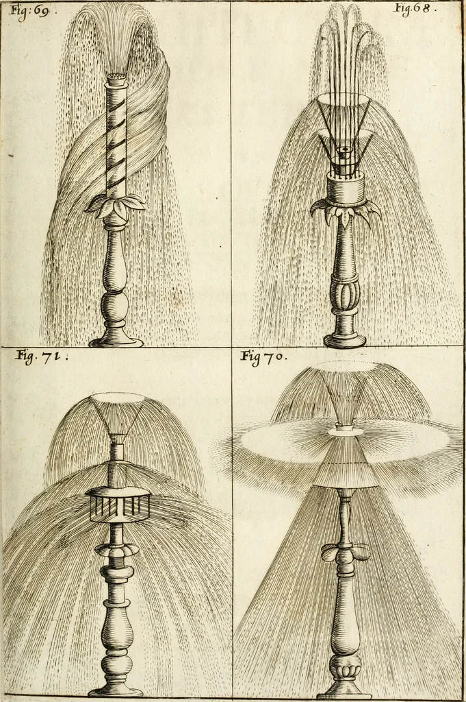 An illustration from Architectura curiosa nova, exponens 1. Fundamenta hydragogica, indolemq[ue] aquæ, aëris interventu in altum levandæ. 2. Varios aquarum ac salientium fontium lusus per varia spectatu jucunda epistomiorum seu siphonum genera. 3. Magnum amnissimorum fontium, machinarumq[ue] aquæductoriarum sumtu magno exstructarum, ac per Italiam, Britanniam, Germaniam &c. visendarum, numerum. 4. Specus artificiales sumtuosissimas, cum plerisq[ue] principum europæorum palatiis, hortis, aulis; nec non præcipuis monasteriis atq[ue] arcibus. 5. Cum auctario figurarum elegantissimarum, ad hortorum topiaria vario ductù dividenda, nec non conclavium laquearibus ac pavimentis segmentandis, itemq[ue] labyrinthis construendis, adhibendarum. Omnia 200 æri incisis... descripta, 1664, leaf 160