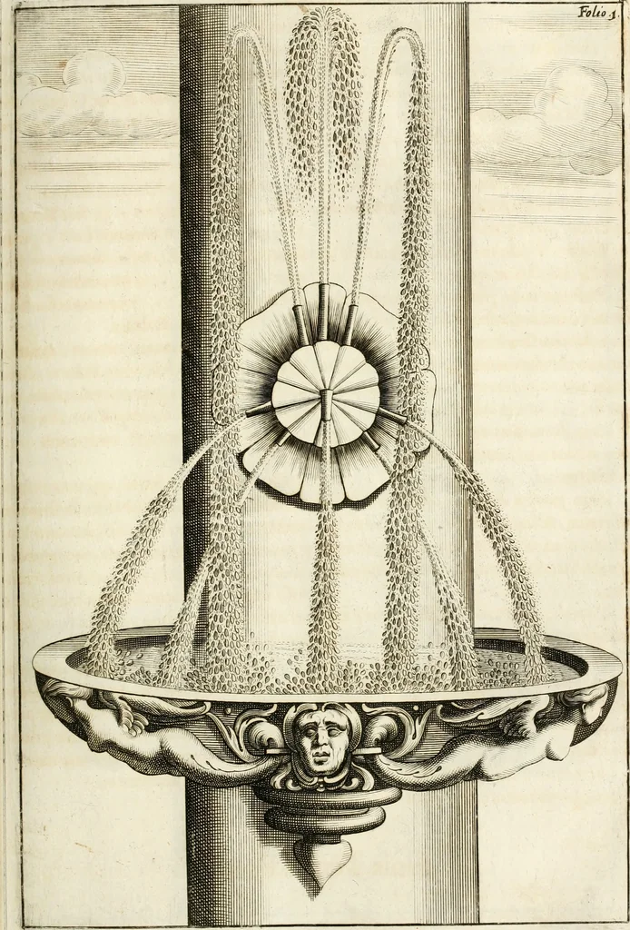 An illustration from Architectura curiosa nova, exponens 1. Fundamenta hydragogica, indolemq[ue] aquæ, aëris interventu in altum levandæ. 2. Varios aquarum ac salientium fontium lusus per varia spectatu jucunda epistomiorum seu siphonum genera. 3. Magnum amnissimorum fontium, machinarumq[ue] aquæductoriarum sumtu magno exstructarum, ac per Italiam, Britanniam, Germaniam &c. visendarum, numerum. 4. Specus artificiales sumtuosissimas, cum plerisq[ue] principum europæorum palatiis, hortis, aulis; nec non præcipuis monasteriis atq[ue] arcibus. 5. Cum auctario figurarum elegantissimarum, ad hortorum topiaria vario ductù dividenda, nec non conclavium laquearibus ac pavimentis segmentandis, itemq[ue] labyrinthis construendis, adhibendarum. Omnia 200 æri incisis... descripta, 1664, leaf 186