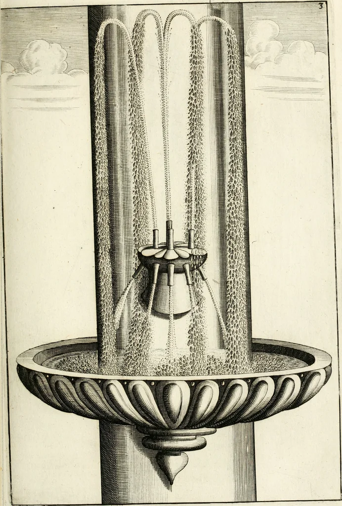 An illustration from Architectura curiosa nova, exponens 1. Fundamenta hydragogica, indolemq[ue] aquæ, aëris interventu in altum levandæ. 2. Varios aquarum ac salientium fontium lusus per varia spectatu jucunda epistomiorum seu siphonum genera. 3. Magnum amnissimorum fontium, machinarumq[ue] aquæductoriarum sumtu magno exstructarum, ac per Italiam, Britanniam, Germaniam &c. visendarum, numerum. 4. Specus artificiales sumtuosissimas, cum plerisq[ue] principum europæorum palatiis, hortis, aulis; nec non præcipuis monasteriis atq[ue] arcibus. 5. Cum auctario figurarum elegantissimarum, ad hortorum topiaria vario ductù dividenda, nec non conclavium laquearibus ac pavimentis segmentandis, itemq[ue] labyrinthis construendis, adhibendarum. Omnia 200 æri incisis... descripta, 1664, leaf 190