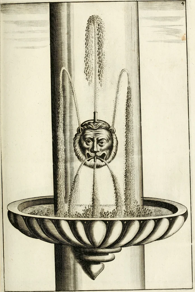 An illustration from Architectura curiosa nova, exponens 1. Fundamenta hydragogica, indolemq[ue] aquæ, aëris interventu in altum levandæ. 2. Varios aquarum ac salientium fontium lusus per varia spectatu jucunda epistomiorum seu siphonum genera. 3. Magnum amnissimorum fontium, machinarumq[ue] aquæductoriarum sumtu magno exstructarum, ac per Italiam, Britanniam, Germaniam &c. visendarum, numerum. 4. Specus artificiales sumtuosissimas, cum plerisq[ue] principum europæorum palatiis, hortis, aulis; nec non præcipuis monasteriis atq[ue] arcibus. 5. Cum auctario figurarum elegantissimarum, ad hortorum topiaria vario ductù dividenda, nec non conclavium laquearibus ac pavimentis segmentandis, itemq[ue] labyrinthis construendis, adhibendarum. Omnia 200 æri incisis... descripta, 1664, leaf 192