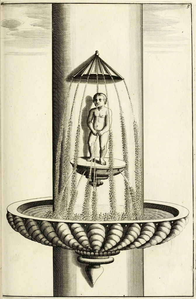 An illustration from Architectura curiosa nova, exponens 1. Fundamenta hydragogica, indolemq[ue] aquæ, aëris interventu in altum levandæ. 2. Varios aquarum ac salientium fontium lusus per varia spectatu jucunda epistomiorum seu siphonum genera. 3. Magnum amnissimorum fontium, machinarumq[ue] aquæductoriarum sumtu magno exstructarum, ac per Italiam, Britanniam, Germaniam &c. visendarum, numerum. 4. Specus artificiales sumtuosissimas, cum plerisq[ue] principum europæorum palatiis, hortis, aulis; nec non præcipuis monasteriis atq[ue] arcibus. 5. Cum auctario figurarum elegantissimarum, ad hortorum topiaria vario ductù dividenda, nec non conclavium laquearibus ac pavimentis segmentandis, itemq[ue] labyrinthis construendis, adhibendarum. Omnia 200 æri incisis... descripta, 1664, leaf 194