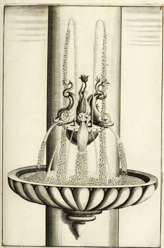 An illustration from Architectura curiosa nova, exponens 1. Fundamenta hydragogica, indolemq[ue] aquæ, aëris interventu in altum levandæ. 2. Varios aquarum ac salientium fontium lusus per varia spectatu jucunda epistomiorum seu siphonum genera. 3. Magnum amnissimorum fontium, machinarumq[ue] aquæductoriarum sumtu magno exstructarum, ac per Italiam, Britanniam, Germaniam &c. visendarum, numerum. 4. Specus artificiales sumtuosissimas, cum plerisq[ue] principum europæorum palatiis, hortis, aulis; nec non præcipuis monasteriis atq[ue] arcibus. 5. Cum auctario figurarum elegantissimarum, ad hortorum topiaria vario ductù dividenda, nec non conclavium laquearibus ac pavimentis segmentandis, itemq[ue] labyrinthis construendis, adhibendarum. Omnia 200 æri incisis... descripta, 1664, leaf 196